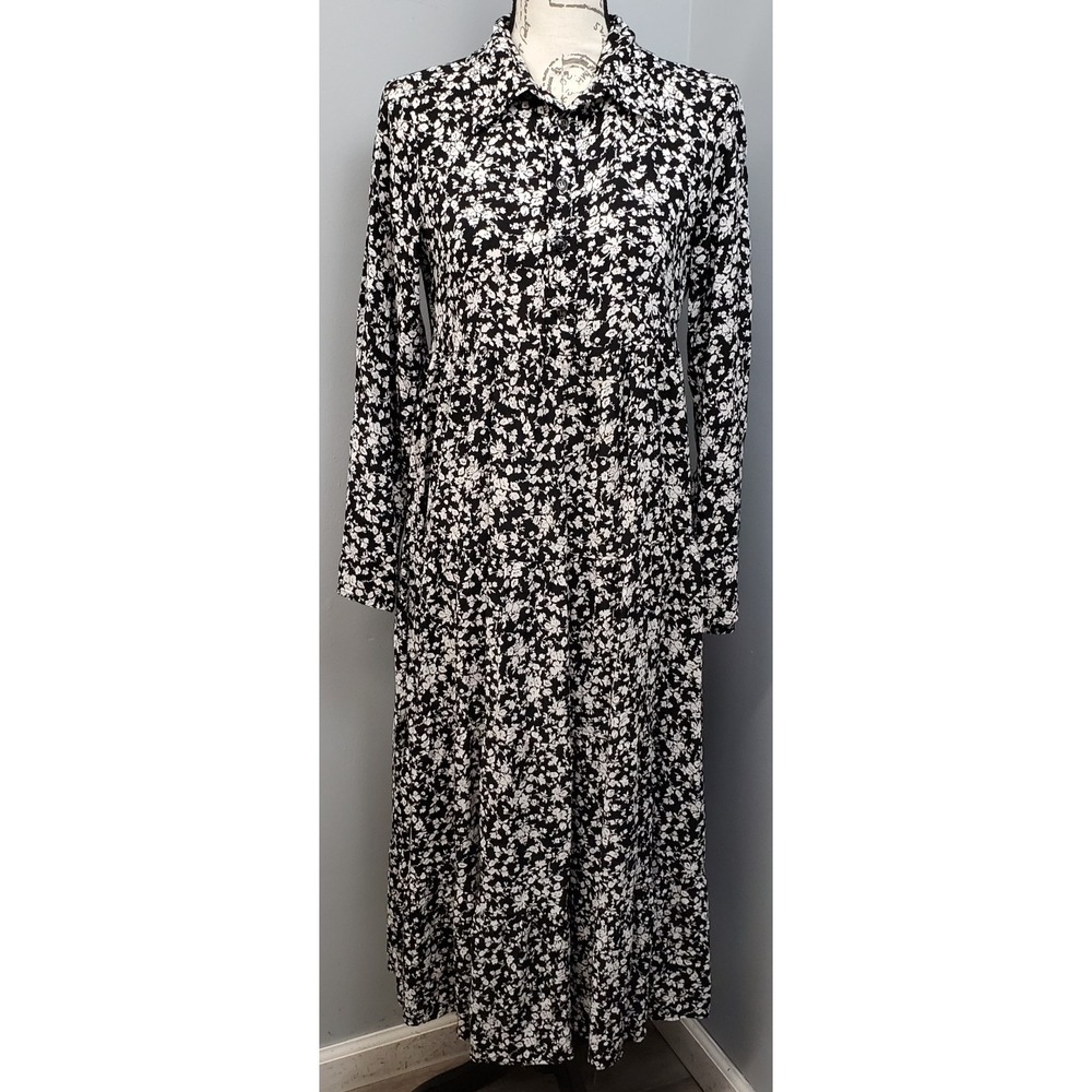Ganni Tiered Maxi Dress Womens Large Black White Floral Pleated Collared Popover